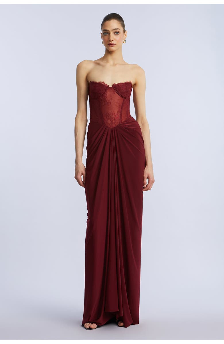 BCBGMAXAZRIA Lace & Jersey Gown, Alternate, color, Cabernet