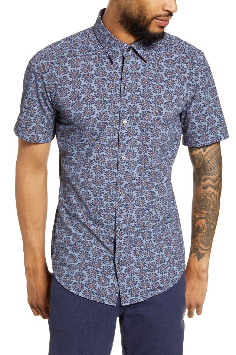 Robb Sharp Fit Floral Stretch Short Sleeve Button-Up Shirt, Main, color, BLUE