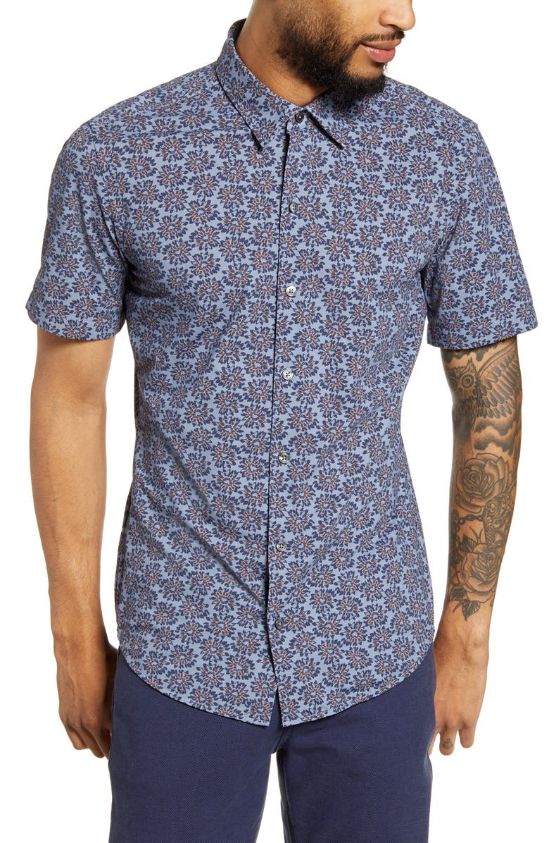 BOSS Robb Sharp Fit Floral Stretch Short Sleeve Button-Up Shirt, Main, color, 