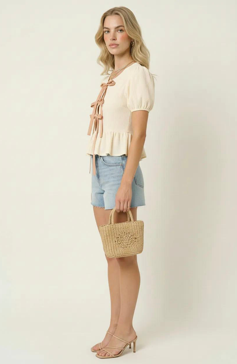 Modenaire Puff-Sleeve Bow-Tie Front Peplum Blouse, Alternate, color, Cream