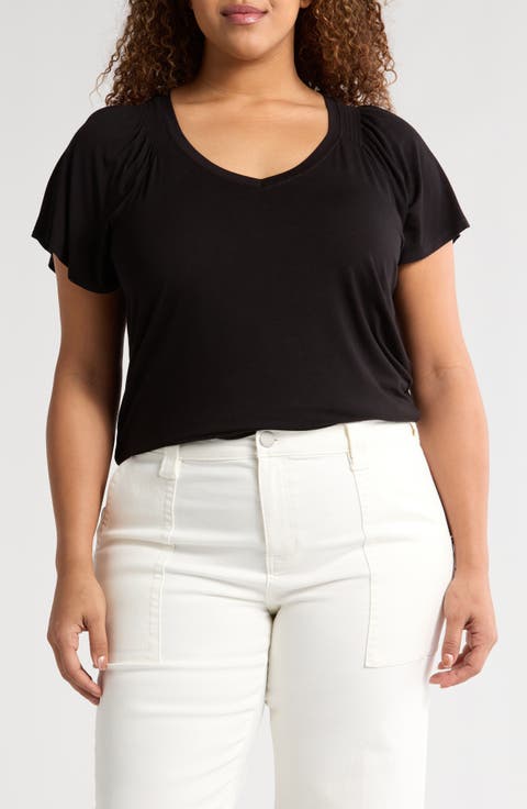 V-Neck Flutter Sleeve Jersey Top (Plus)