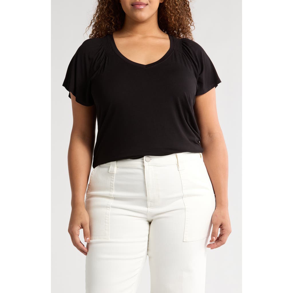 Liverpool Los Angeles V-neck Flutter Sleeve Jersey Top In Black