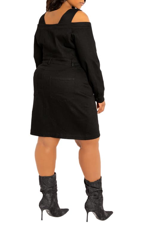 Buxom Couture Off The Shoulder Long Sleeve Denim Dress In Denim Black