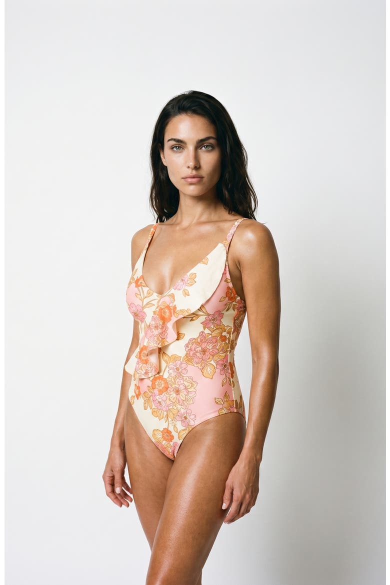 Stella Assymetrical Ruffle One Piece Swimsuit, Alternate, color, Falling For Flowers