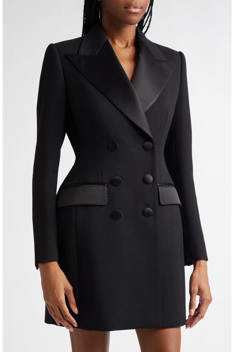 Hourglass Double Breasted Long Wool & Silk Blend Tuxedo Jacket, Alternate, color, NERO
