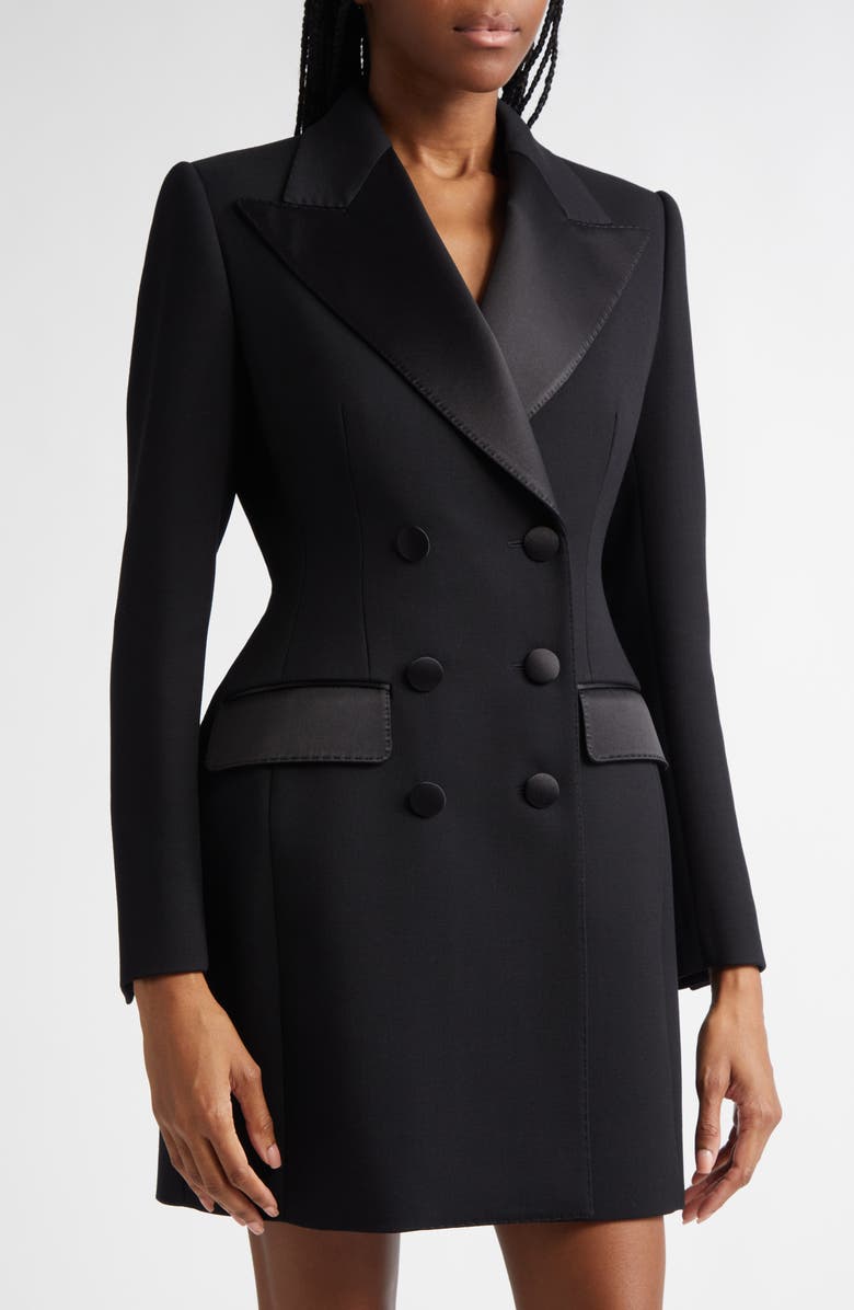 Dolce&Gabbana Hourglass Double Breasted Long Wool & Silk Blend Tuxedo Jacket, Alternate, color, Nero