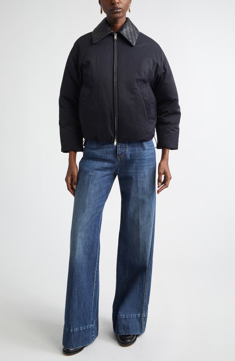 Bottega Veneta Intrecciato Leather Collar Tech Nylon Puffer Jacket, Alternate, color, 1000 Black