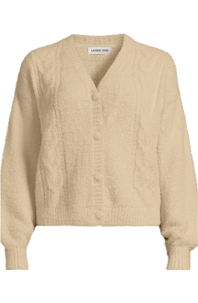 Lands' End Plus Size Fuzzy Eyelash Cable Cardigan Sweater, Alternate, color, Champagne