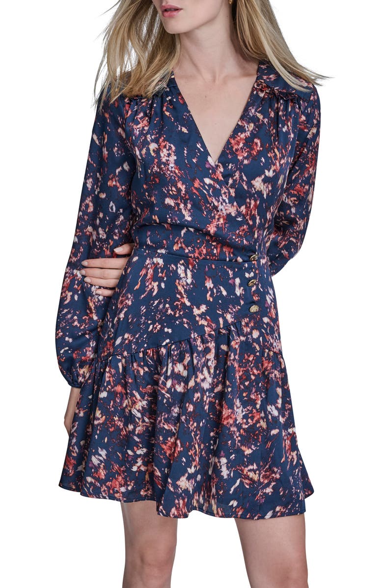 BCBG Print Ruffle Long Sleeve Minidress, Alternate, color, City Indigo Multi