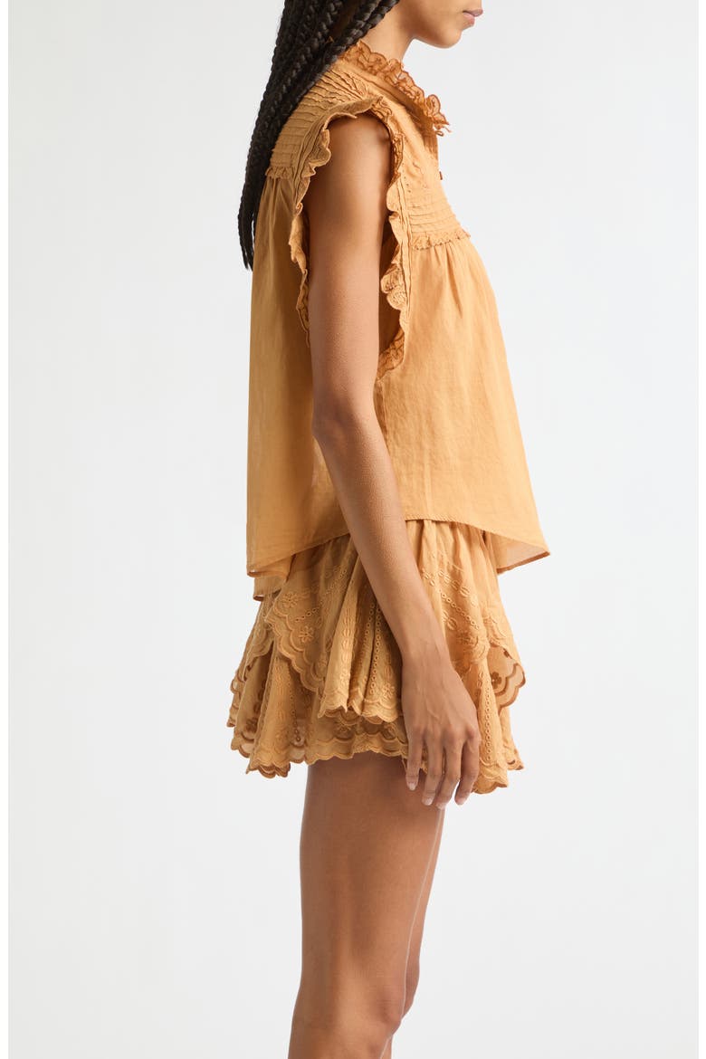 Dersia Embroidery & Pleat Detail Sleeveless Cotton Button-Up Shirt, Alternate, color, CARAMEL