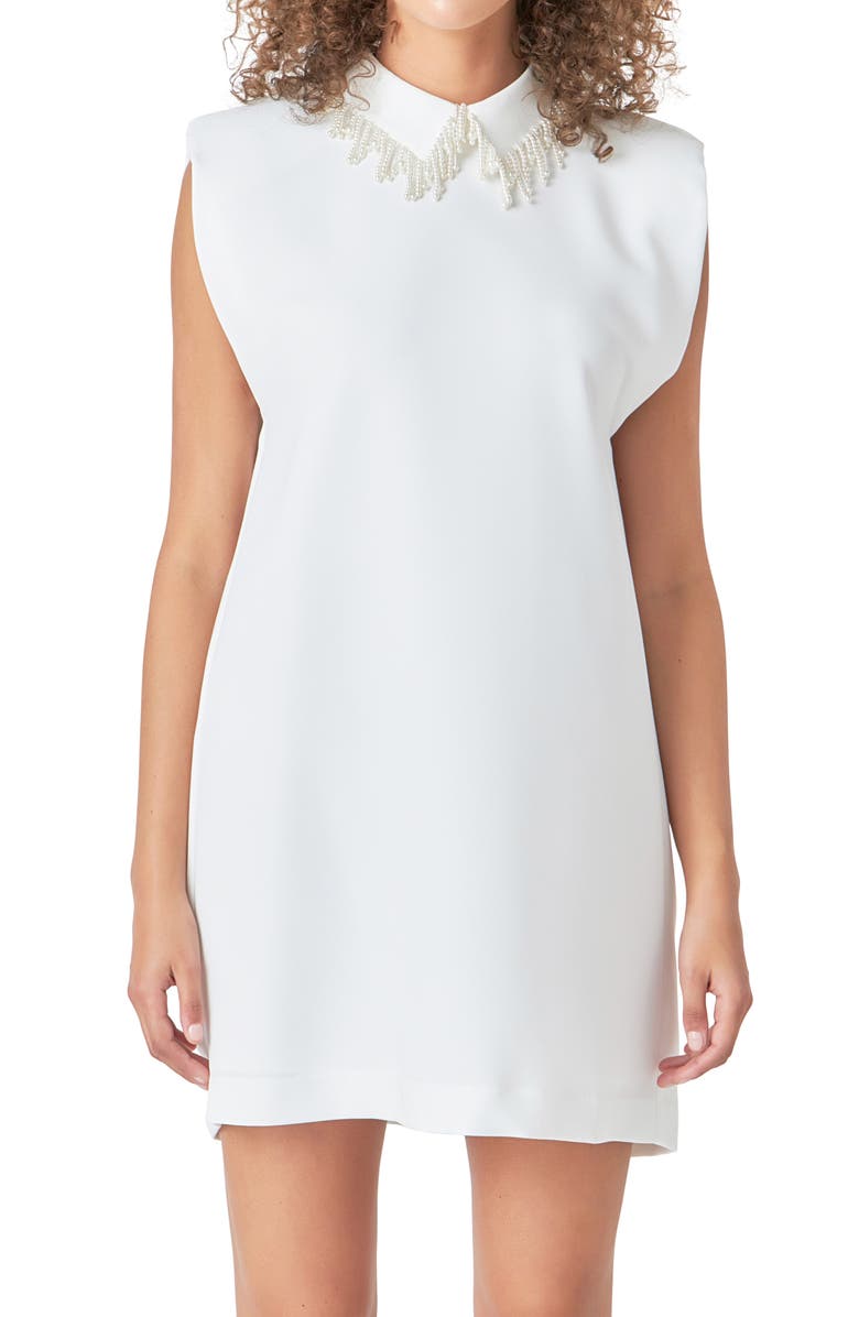 Endless Rose Imitation Pearl Fringe Mini Shirtdress, Alternate, color, White