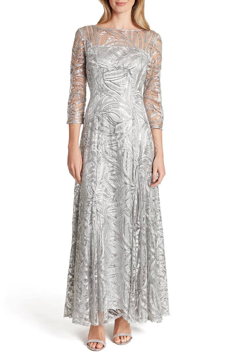 Tahari Embroidered Sequin A-Line Gown, Main, color,