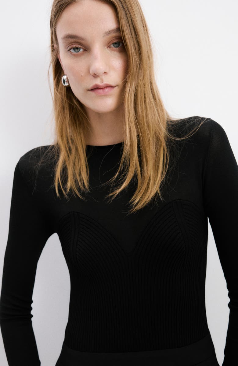 MANGO Long Sleeve Wide Leg Mixed Media Jumpsuit, Alternate, color, Black