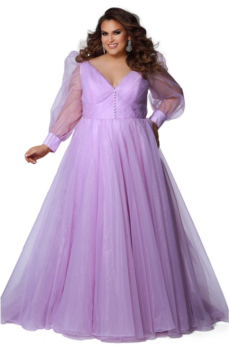 Johnathan Kayne for Sydney's Closet Organza Pouf Sleeve V-Neck Pleated Plus Size Evening Gown, Alternate, color, Lilac