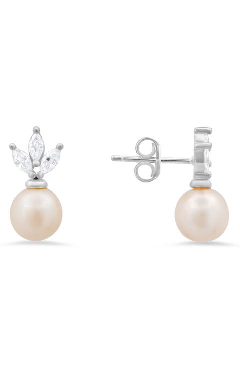 Dangling Freshwater Pearl & Cubic Zirconia Stud Earrings