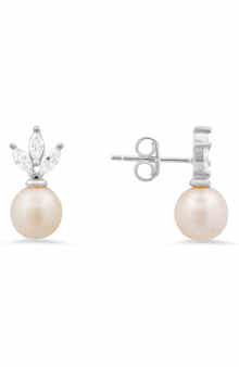 Queen Jewels Dangling Freshwater Pearl & Cubic Zirconia Stud Earrings