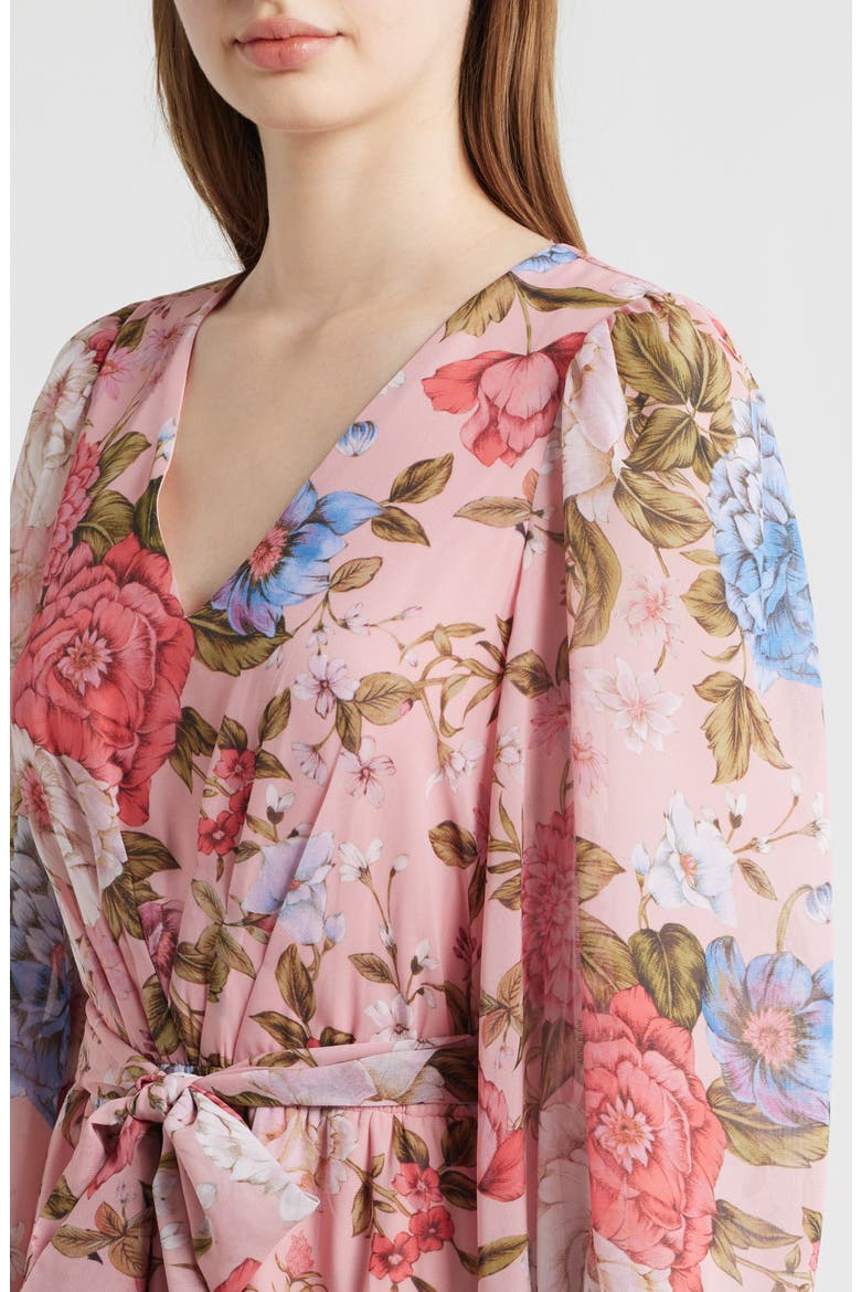 Floral Print Tie Waist Midi Dress, Alternate, color, CALYPSO CORAL MULTI