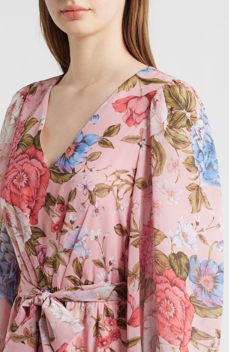 Anne Klein Floral Print Tie Waist Midi Dress, Alternate, color, Calypso Coral Multi