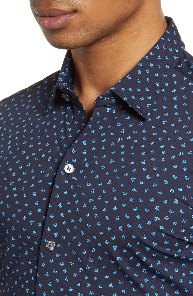 BOSS Robbie Slim Fit Mini Floral Print Button-Up Performance Shirt, Alternate, color,