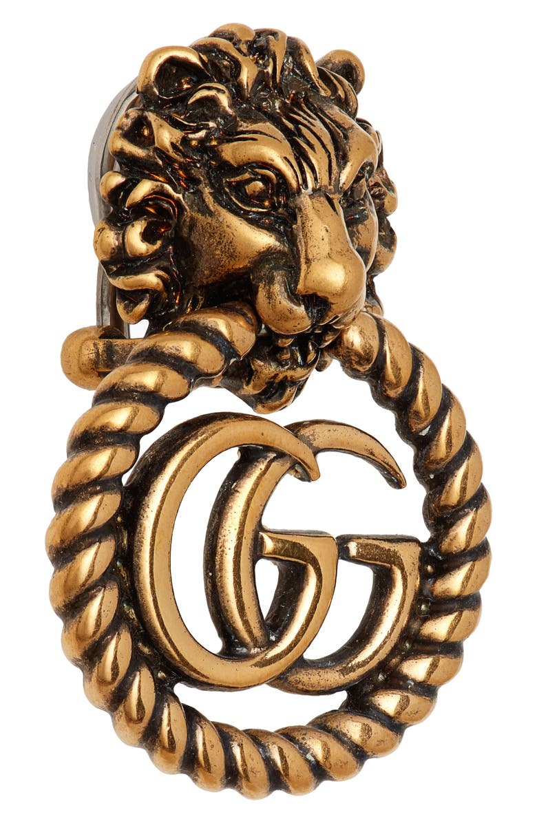 Gucci Lion Head Double-G Clip-On Earrings, Alternate, color,
