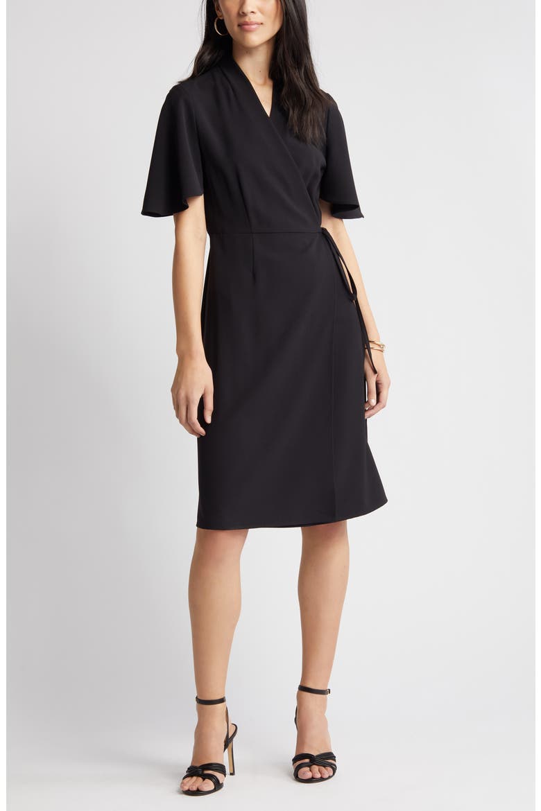 Butterfly Sleeve Crêpe de Chine Wrap Dress, Alternate, color, BLACK