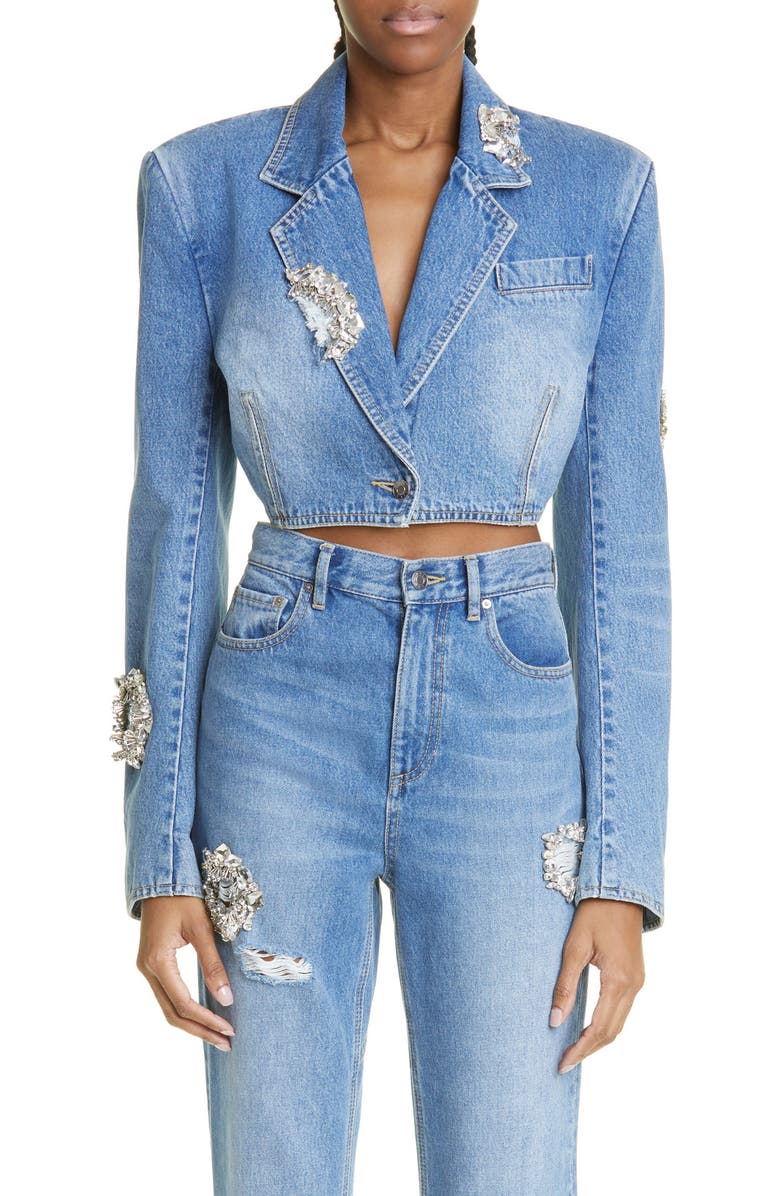 Area Distressed Crystal Detail Crop Denim Blazer, Main, color, 