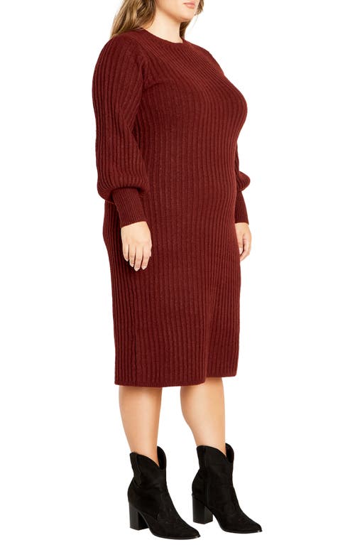 City Chic Saskia Long Sleeve Rib Sweater Dress In Merlot