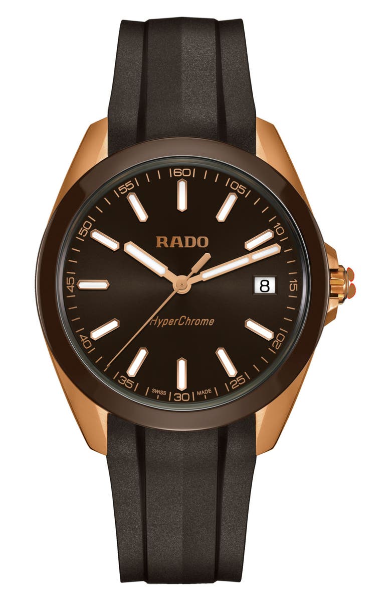 RADO HyperChrome Rubber Strap Watch, 41.5mm, Main, color, Brown