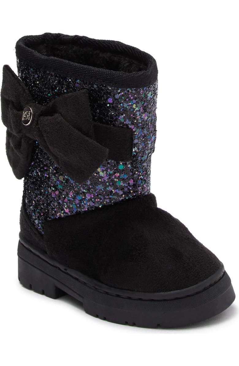 bebe Glitter Bow Faux Fur Lined Winter Boot, Main, color,
