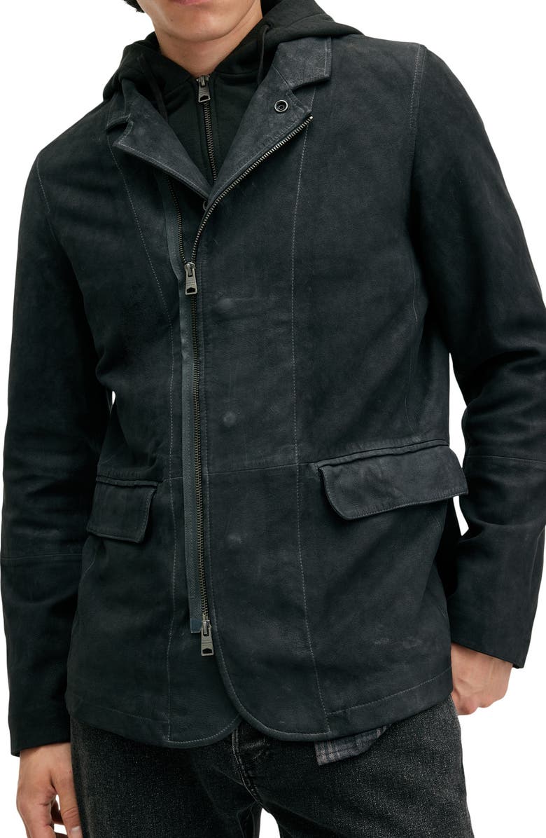 AllSaints Norton Leather Jacket with Removable Hooded Zip Bib, Main, color,