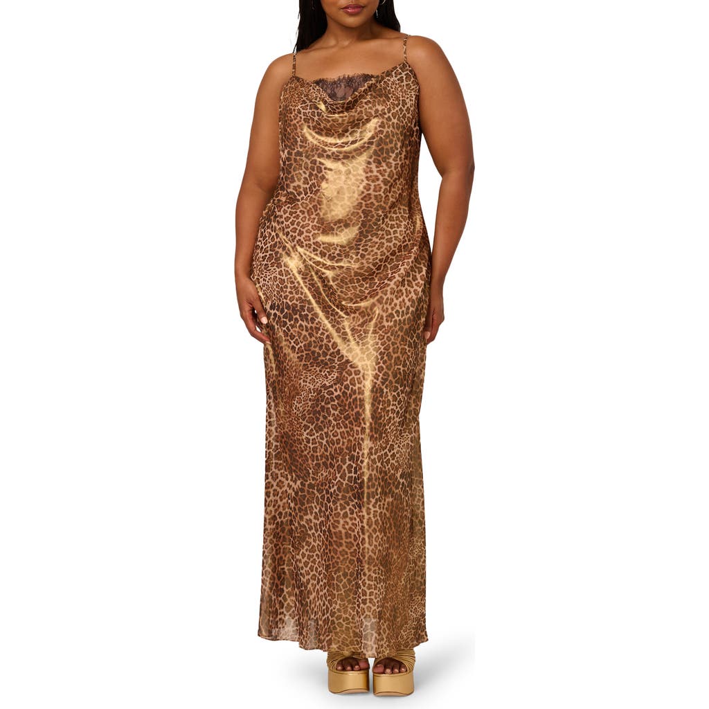 Adrianna Papell Foiled Leopard Print Chiffon A-line Dress In Gold