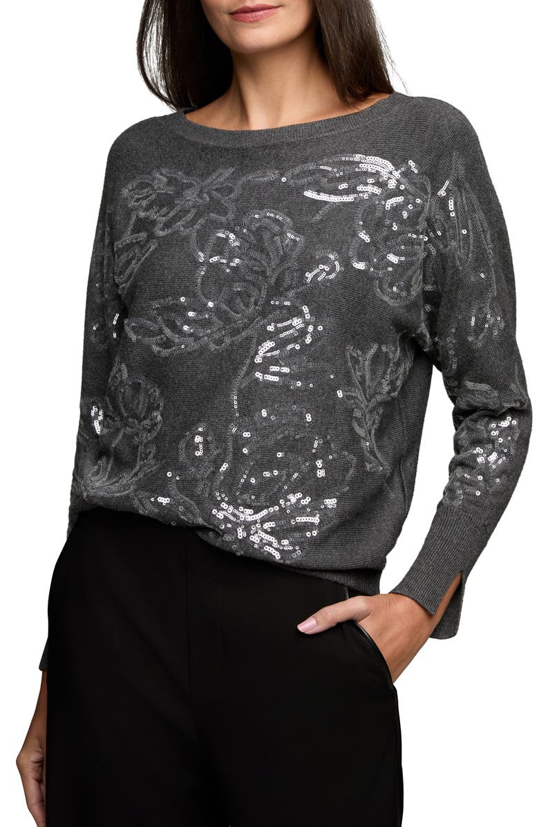 NIC+ZOE Floral Sequin Embellished Cotton, Cashmere & Silk Blend Sweater, Main, color, Grey Mix