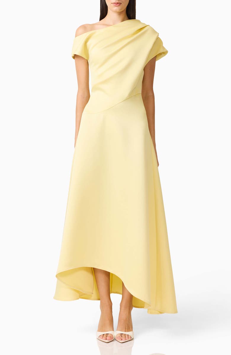 Elliatt Marissa One-Shoulder Asymmetric Hem Duchess Satin Gown, Main, color, Lemon Yellow