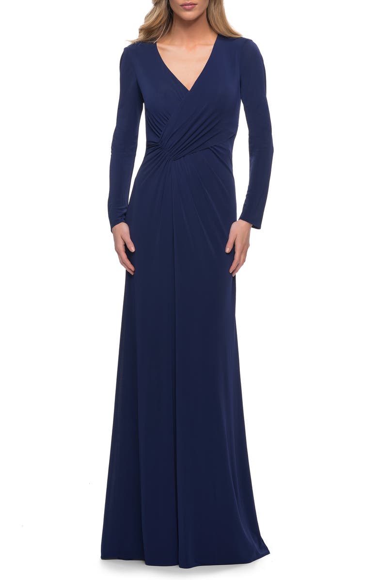 La Femme Ruched Long Sleeve Jersey Sheath Gown, Main, color,