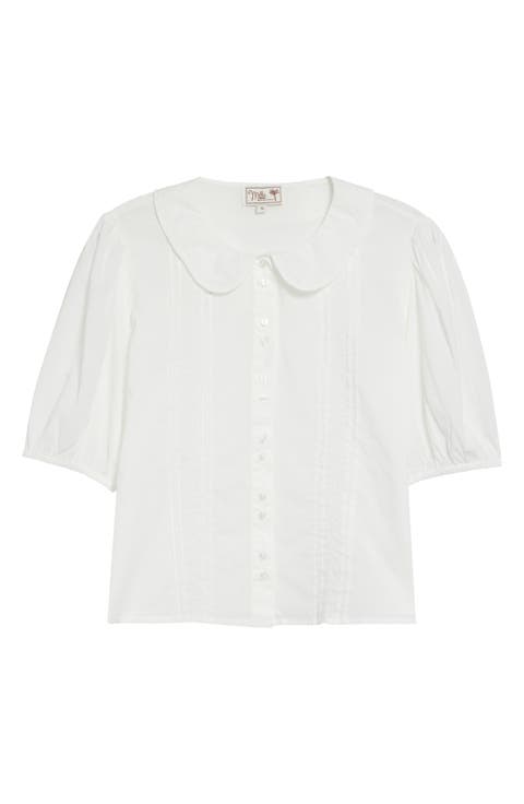Harriet Lace Detail Elbow Sleeve Cotton Button-Up Shirt