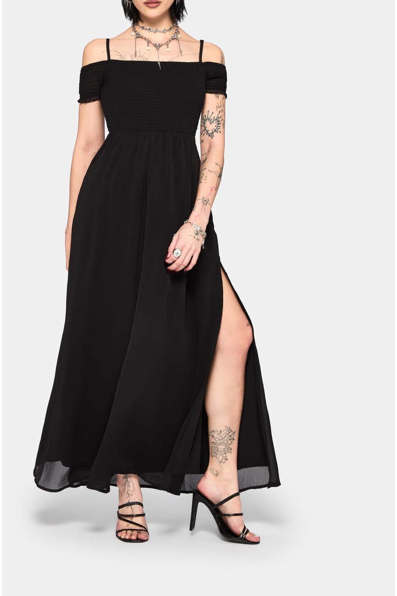 Mircalla Shirred Bardot Maxi Dress, Main, color, Black