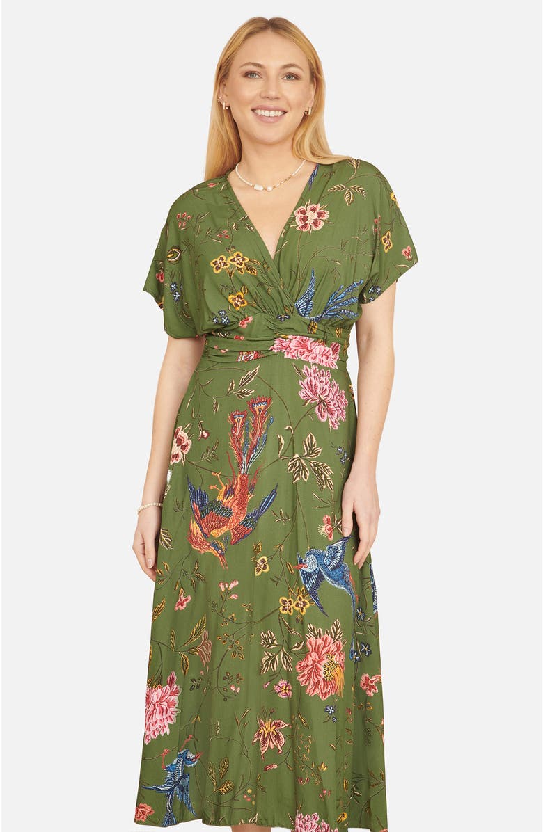 Yumi Ruched Waist Kimono Sleeve Midi Dress, Alternate, color, Green