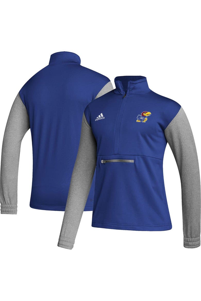 Men's adidas Royal/Heathered Gray Kansas Jayhawks Team AEROREADY Half-Zip Top, Main, color, Royal