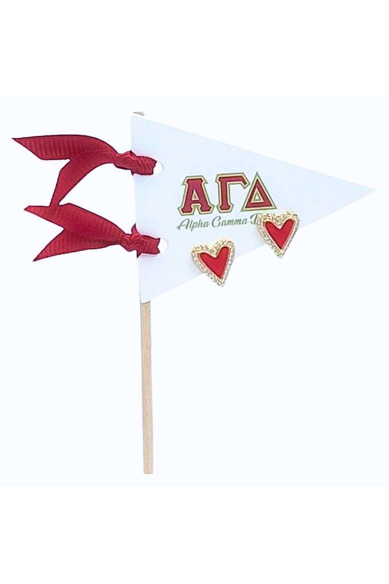 Alpha Gamma Delta Heart Stud Enamel Earrings on Sorority Pennant Flag, Main, color, Yellow Gold
