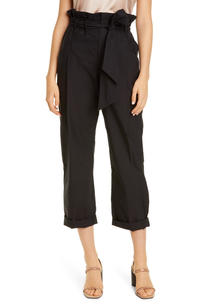 Paperbag Waist Crinkled Cotton Blend Ankle Pants, Main, color, BLACK