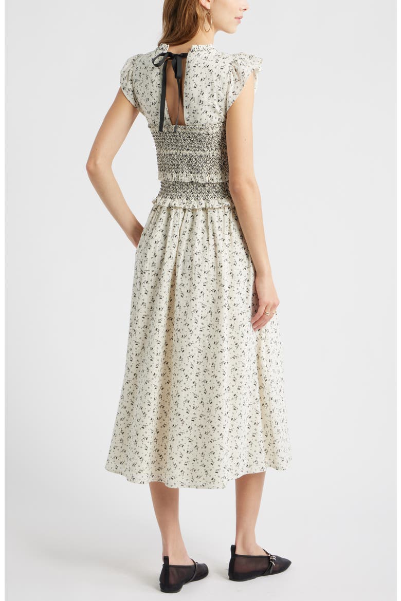 Smocked Bodice Tie Back Cotton Midi Dress, Alternate, color, IVORY- BLACK WALLPAPER DITSY
