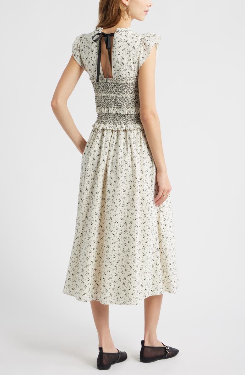 Treasure & Bond Smocked Bodice Tie Back Cotton Midi Dress, Alternate, color, Ivory- Black Wallpaper Ditsy