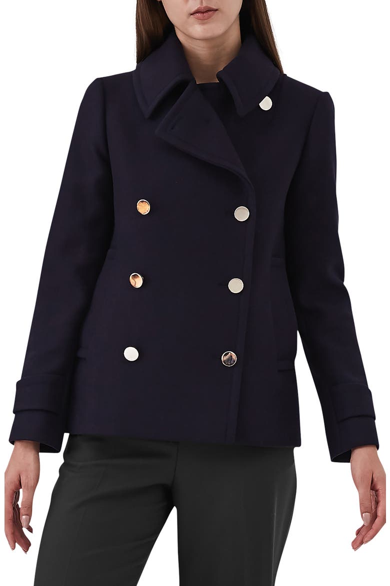 Becall Double Breasted Wool Blend Peacoat, Main, color, NAVY