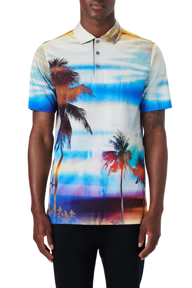 Hendrix Digital Palm Tree Print Cotton Polo, Main, color, SUNSET