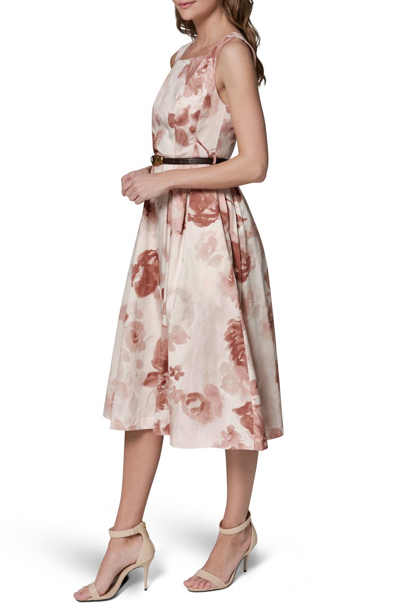 Donna Karan New York Floral Belted Stretch Cotton Dress, Alternate, color, Snow Petal Multi