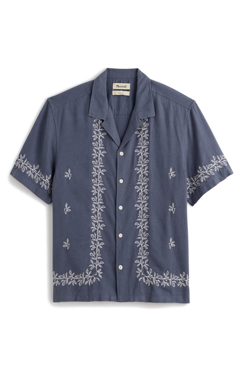 Madewell Easy Embroidered Short Sleeve Linen Blend Button-Up Shirt, Alternate, color, Night Indigo