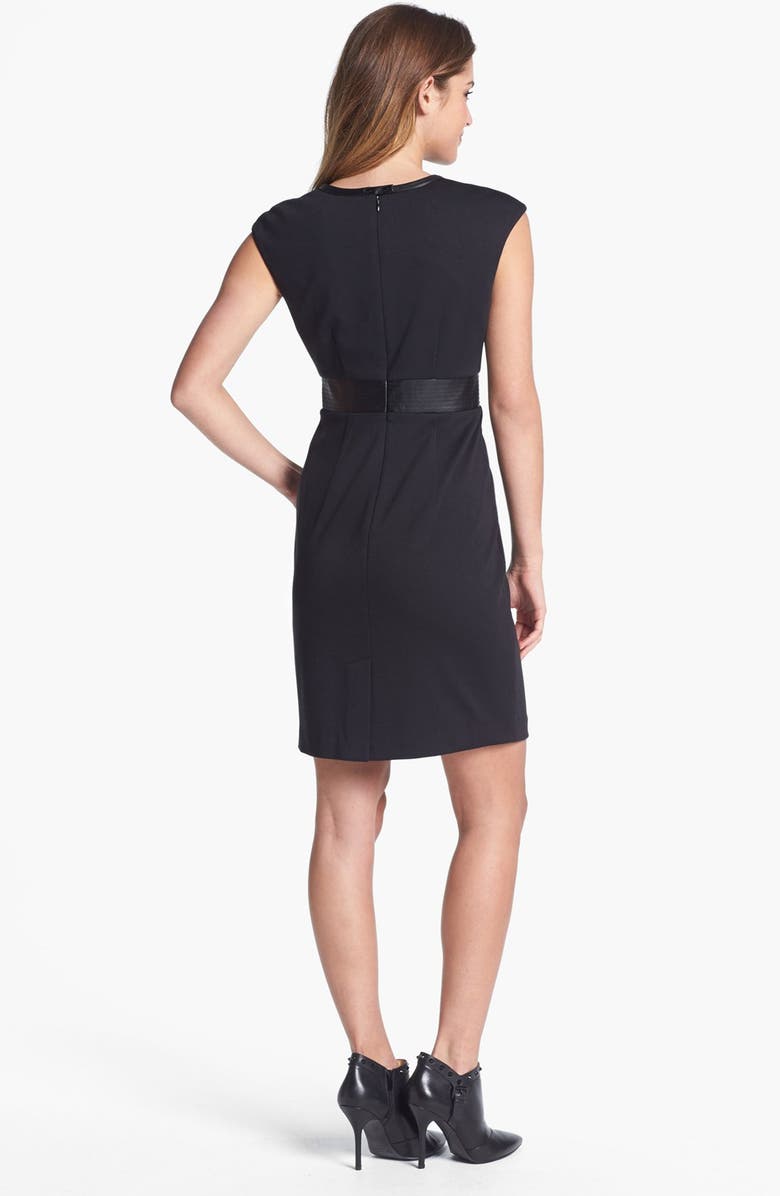 Calvin Klein Faux Leather Trim Ponte Sheath Dress, Alternate, color, 