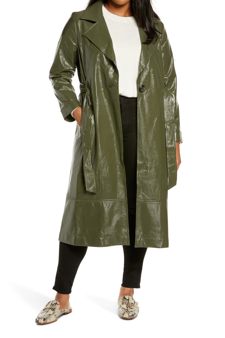 Faux Patent Leather Trench Coat, Main, color, OLIVE NIGHT