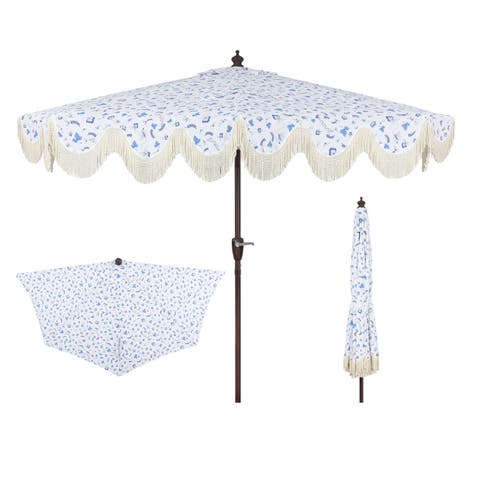 Beverly 9 ft. Designer Classic Scalloped Fringe Half Market Patio Umbrella with Crank, Push Button Tilt and UV Protection