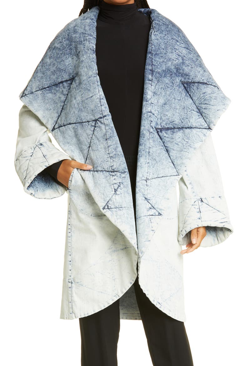 Women's Shawl Collar Quilted Denim Hooded Coat, Main, color, LIGHT BLUE ACID WASH